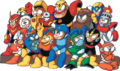 Promotional group art for Mega Man 2. An oddly coloured Metall can be seen in the background (top left corner).