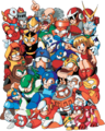 Promotional group art with many Classic era characters, from Mega Man 3.